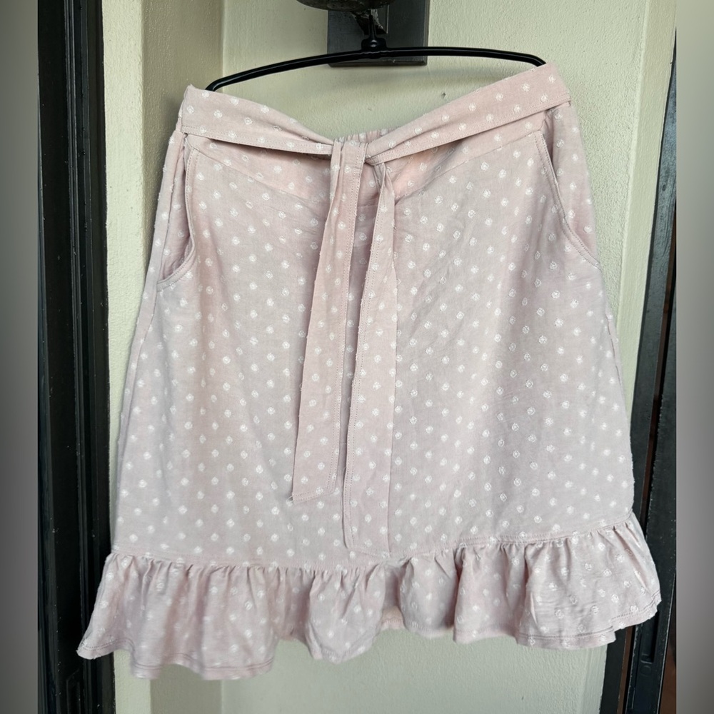 Soho Apparel Tie Front Skirt Blush With White Swiss Dots Ruffled Hem Pockets XL
